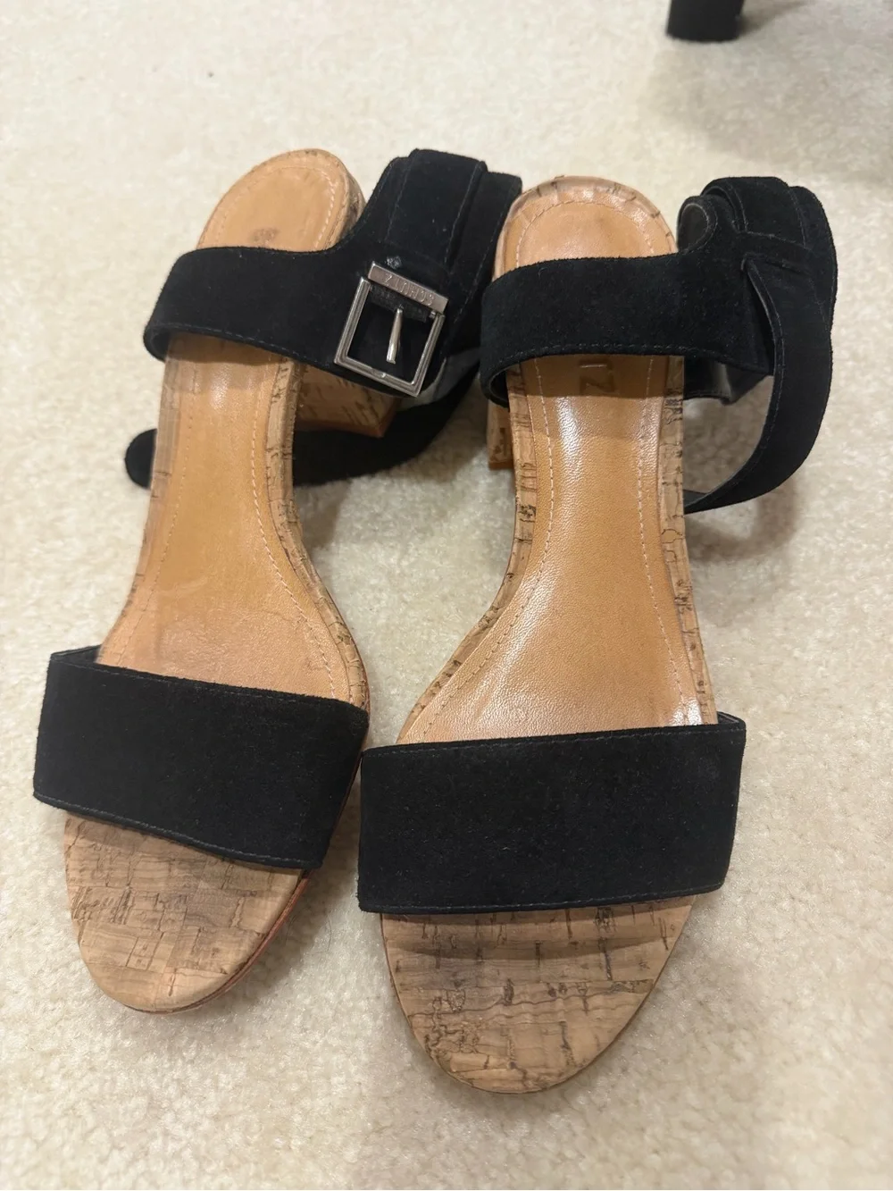 SCHUTZ Black Suede Cork Block Heel Sandals